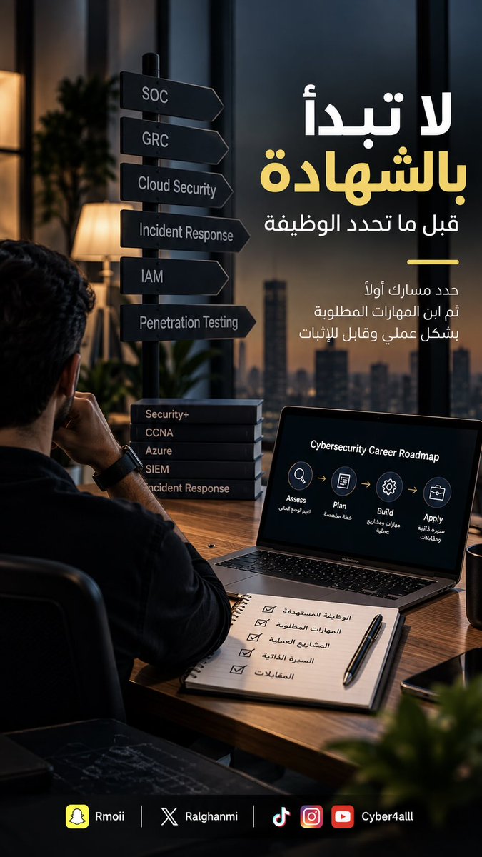 RalGhanmi's tweet photo. أكثر شيء يضيع وقت الباحث عن وظيفة في #الأمن_السيبراني

إنه يبدأ بالشهادة قبل ما يحدد الوظيفة

يسألني

آخذ Security+ ولا CCNA ولا شهادة Cloud ولا أدخل دورة SOC؟

وأحيانًا تكون إجابتي

ولا وحدة الآن

لأن السؤال المفروض يكون

وش الوظيفة اللي أستهدفها؟
وش عندي من متطلباتها؟
وش اللي ناقصني فعلًا؟

في التقييم ون تو ون ما أبدأ بقائمة دورات

أبدأ بالوظائف المستهدفة ثم أفككها إلى متطلبات

مثلًا شخص يستهدف SOC Analyst

نراجع معه

الشبكات
Windows وLinux
تحليل Logs
SIEM وEDR
Active Directory وIdentity
Incident Response
والقدرة على التحقيق وكتابة التقرير

بعدها نصنف كل مهارة

يعرفها نظريًا
طبقها فعلًا
يقدر يثبتها
أو عنده فجوة فيها

ومن هنا تطلع الخطة

قد نكتشف أن الشخص ما يحتاج شهادة جديدة أصلًا

يحتاج مشروعين عمليين مضبوطين

أو يحتاج يقوي الشبكات

أو مشكلته ليست تقنية من الأساس وإنما سيرته ومقابلته ما تعكس مستواه

التأهيل بالنسبة لي مو إضافة دورات أكثر

هو تقليل الأشياء اللي تشتتك وبناء الناقص اللي يقربك من الوظيفة المستهدفة

إذا محتار بين أكثر من مسار أو كل فترة تبدأ شهادة جديدة

يمكن أول خطوة تحتاجها مو دورة جديدة

يمكن تحتاج تقييم يحدد لك وين أنت ووين المفروض تروح.