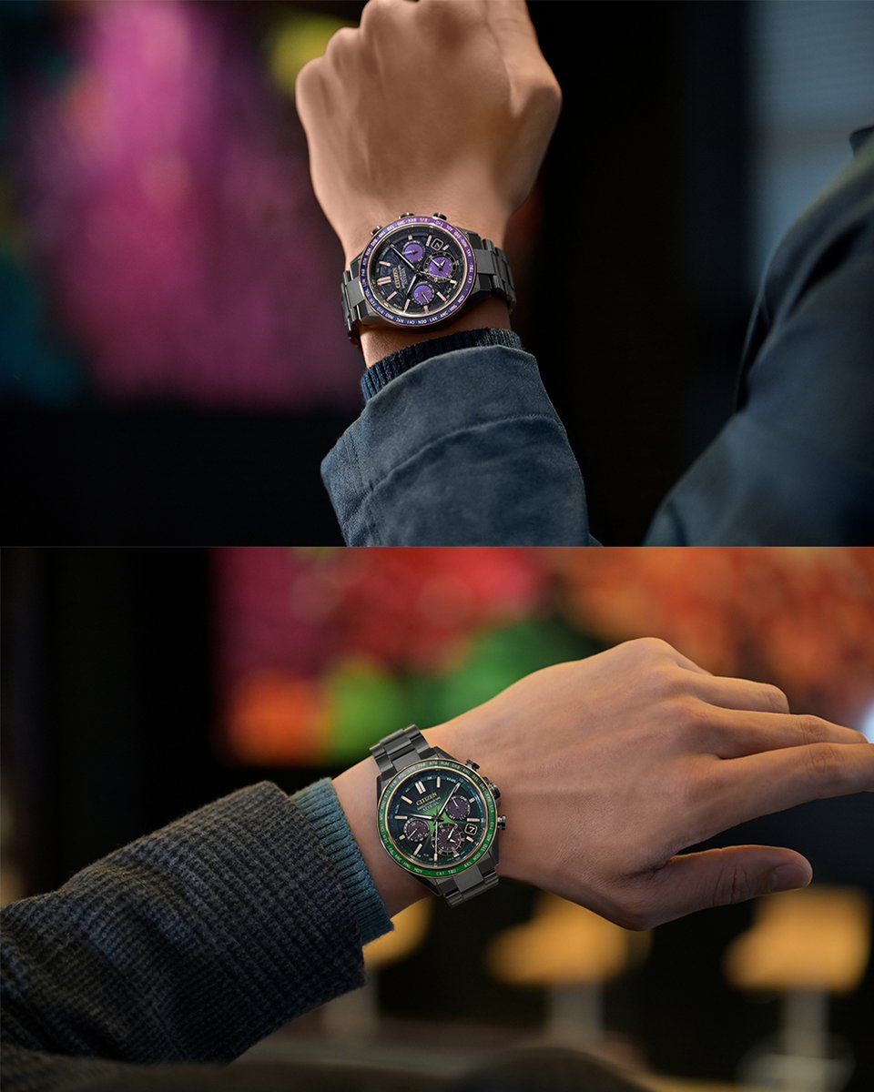 CITIZENWATCHJP's tweet photo. 『アテッサ』の「ACT Line」から、太陽と地球が織りなす希少な光景を表現したエコ・ドライブ50周年限定モデルが登場！

水平線に沈む太陽が放つ一瞬の閃光「グリーンフラッシュ」と、極寒の夜空に現れる幻想的な「パープルオーロラ」をモチーフとしています。

光が��み出す神秘的な瞬間を腕元に映した、特別な限定モデルです。
