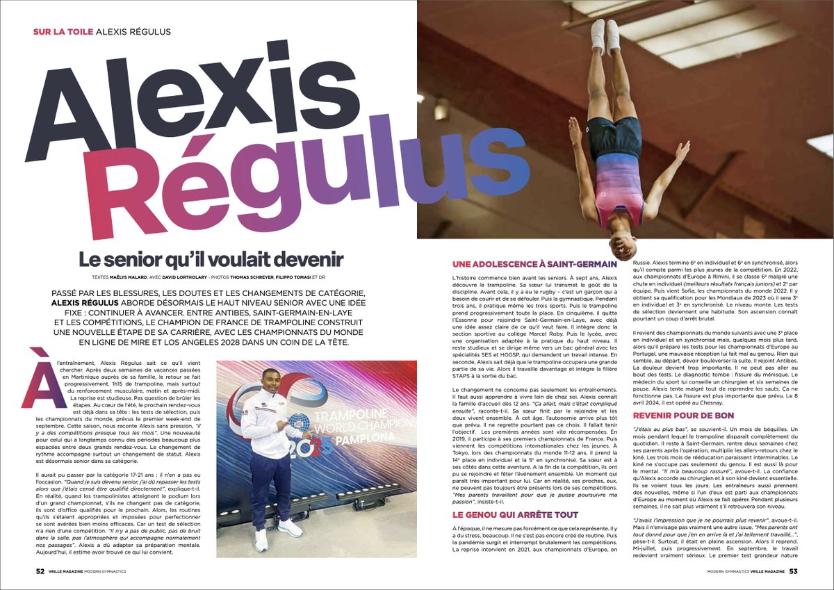 vrille_magazine's tweet photo. Pour tout connaître du parcours du champion de France de #trampo Alexis #Régulus, foncez lire le dernier #Vrille ! 🔥🤩
Pour s'abonner : https://t.co/OQRho0oHGF 🤸
#ModernGymnastics https://t.co/Dd9DAzFVgf