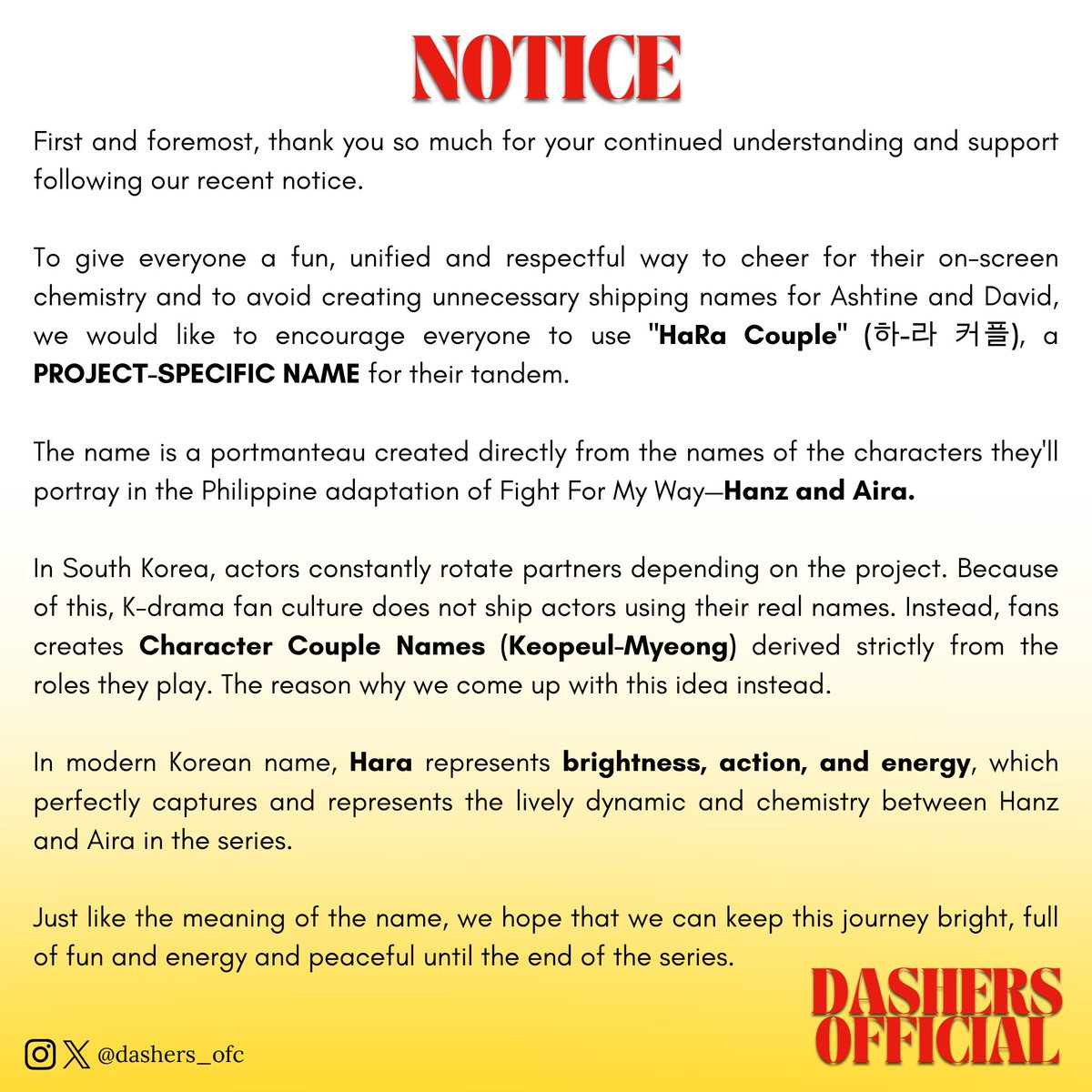 dashers_ofc's tweet photo. [NOTICE] Project-Specific Name for Ashtine Olviga &amp; David Licauco in Fight For My Way

Hello, this is DASHERS OFFICIAL.

#AshtineOlviga #DavidLicauco #FightForMyWayPH https://t.co/hesDLPneGV