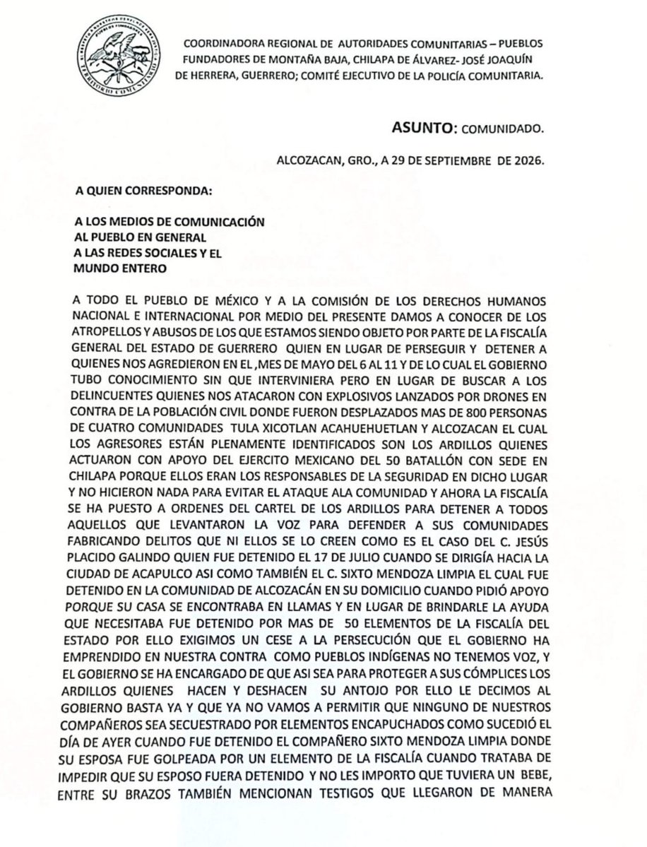 CNI_Mexico's tweet photo. COMUNICADO DE LA COORDINADORA REGIONAL DE AUTORIDADES COMUNITARIAS-PUEBLOS FUNDADORES DE MONTAÑA BAJA, CHILAPA DE ÁLVAREZ-JOSÉ JOAQUÍN DE HERRERA, GUERRERO; COMITE EJECUTIVO DE LA POLICIA COMUNITARIA

https://t.co/ff7Ab6By7S https://t.co/nX3miOcBm8
