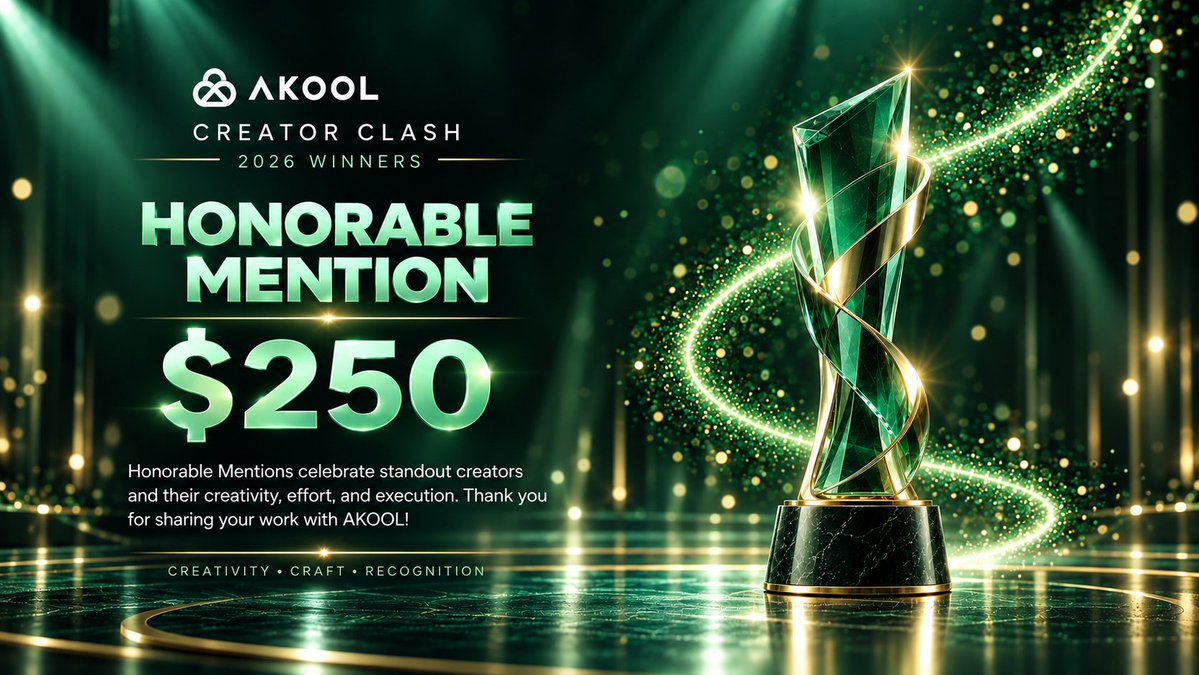 An AKOOL Creator Clash 2026 Winners promotional graphic announcing an Honorable Mention award of $250, featuring a green crystal trophy.