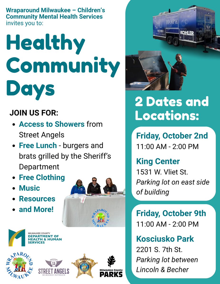 MkeCoDHHS's tweet photo. Join us TOMORROW for Healthy Community Day, hosted by Wraparound Milwaukee!

📍 Friday, Oct. 2, 11:00 AM–2:00 PM – King Center, 1531 W. Vliet St.

🚿 Showers provided by Street Angels
🍔 Free lunch grilled by the Sheriff’s Office
👕 Free clothing
🎵 Music
ℹ️ Resources and more! https://t.co/VxslTG7pQ6