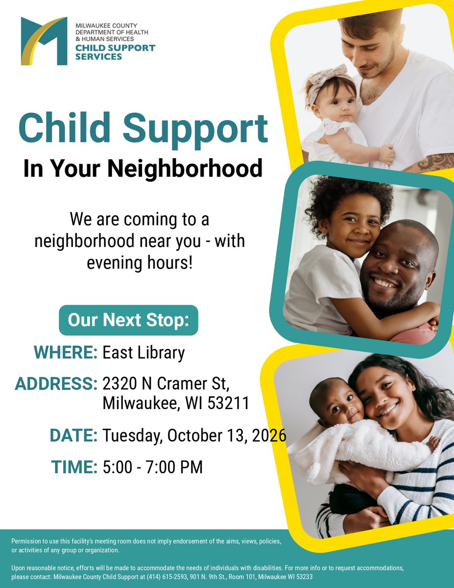 MkeCoDHHS's tweet photo. Child Support Services is coming to your neighborhood with evening hours. 
📅 Tuesday, October 13
⏰ 5:00 – 7:00 PM
📍 East Library, 2320 N. Cramer St., Milwaukee

Cases reviewed for:
🔷 Enforcement
🔷 Settlements
🔷 Alternative payment plans

More info: https://t.co/GnbxBTdThh https://t.co/mCOrPZa2xn