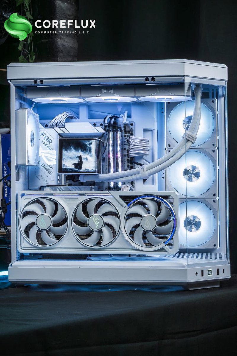 CorefluxLLC's tweet photo. Rate this all-white HYTE Y70 build from 1-10! ❄️ The vertical GPU mount and LCD cooler tie the whole aesthetic together so perfectly.#PCGaming #GamersOfInstagram #SetupInspiration #WhiteSetup #CustomPCBuild #TechTok #GamingCommunity #ComputerHardware https://t.co/nNW87MyBUN
