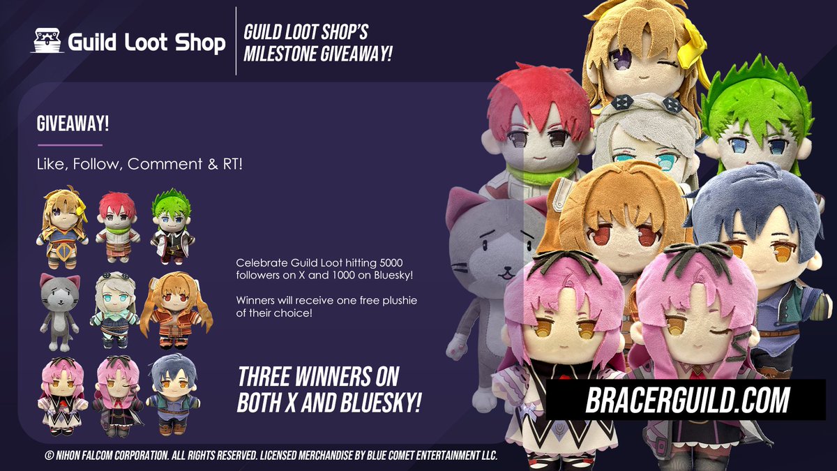 BracerGuildShop's tweet photo. 🎁 Our community keeps growing! 🎁

Thanks to you, Guild Loot has reached
5,000 followers on X and 1,000 on 🦋!

We're celebrating by sending a plushie home
to each of THREE lucky winners! 💙

To enter:
❤️ Like
💬 Comment
🔁 Repost
✨ Follow us https://t.co/htfY4SrzZs