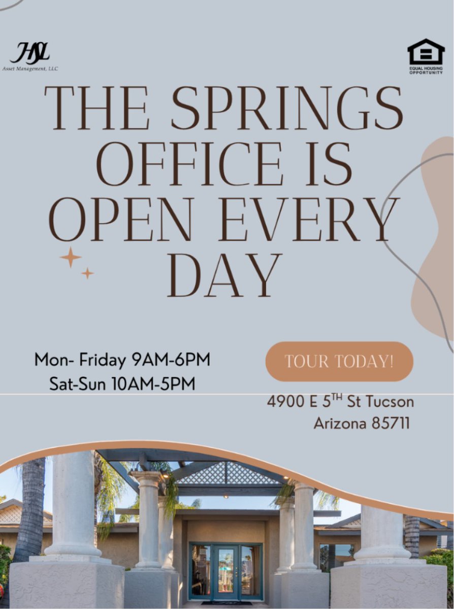 HSLTheSprings's tweet photo. 🏡 We’re Here When You Need Us!

Our leasing office is open every day, with the exception of select holidays, to help make life at our community a little easier.

HSL Asset Management, LLC.
[Equal Housing Opportunity] https://t.co/Uw28uN4f8h