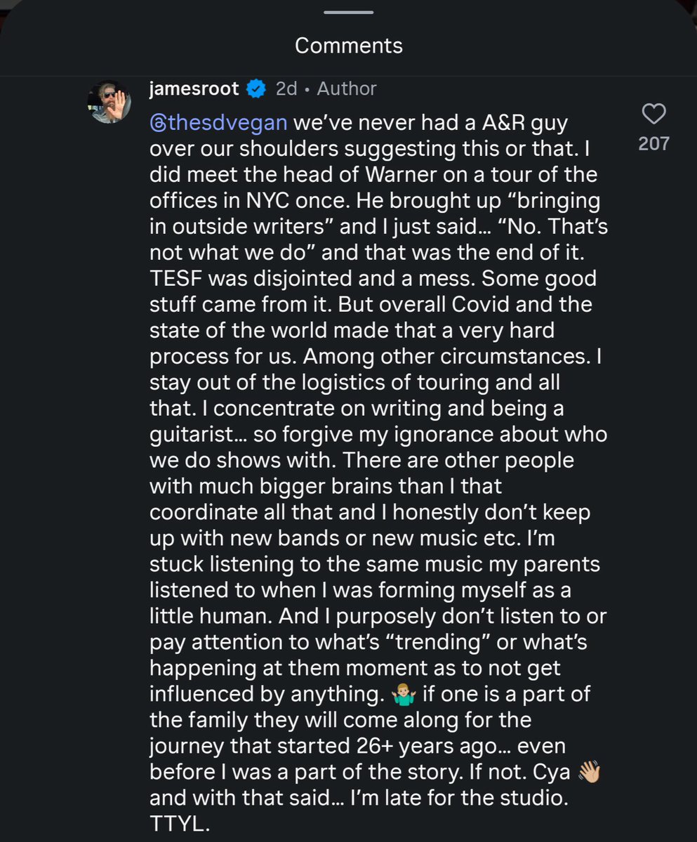 SOTSPodcast's tweet photo. Slipknot guitarist Jim Root responded to a fan on the backlash to touring with Marilyn Manson.

“I stay away from tour logistics... So, forgive my ignorance about who we play shows with. There are other people with much bigger brains than me who coordinate all of this..." https://t.co/bBaGndRojr
