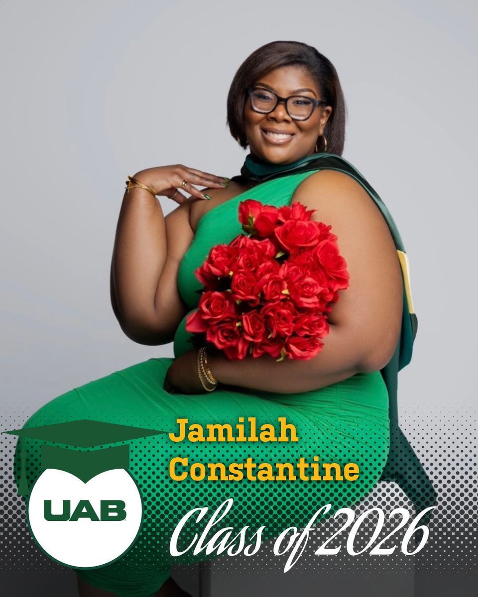 UABGradSchool's tweet photo. 💬 "UAB had a tremendous impact on both my personal and professional growth," - Jamilah Constantine, Class of 2026.💚 💛 
.
.
.
#uab #graduate #classof2026 https://t.co/7RuiAUjYK8