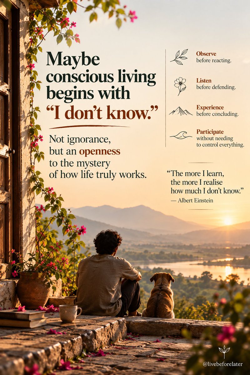 LiveBeforeLater's tweet photo. We try so hard to understand life, control it, defend our views…
yet our next breath itself arrives without asking us.

Maybe consciousness isn’t about knowing more.
Maybe it’s about becoming quiet enough to notice how much we don’t know and still participate fully. 🌱 https://t.co/nihnVDufxz