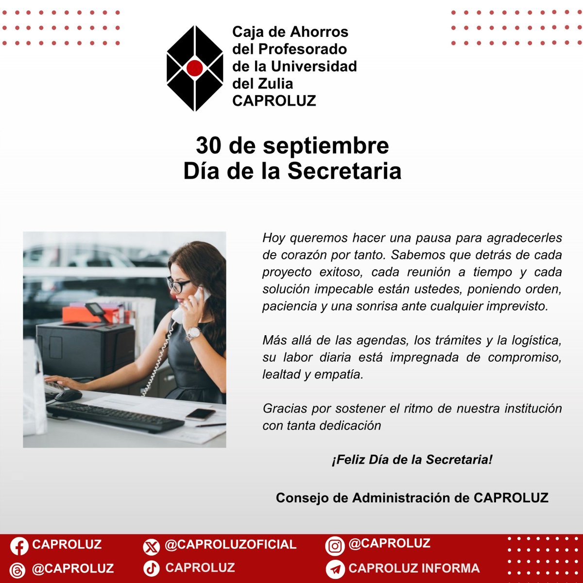 CAPROLUZOFICIAL's tweet photo. ¡Felíz día de la secretaria!

#caproluz #secretaria #30sep https://t.co/dTaz8yKo6T