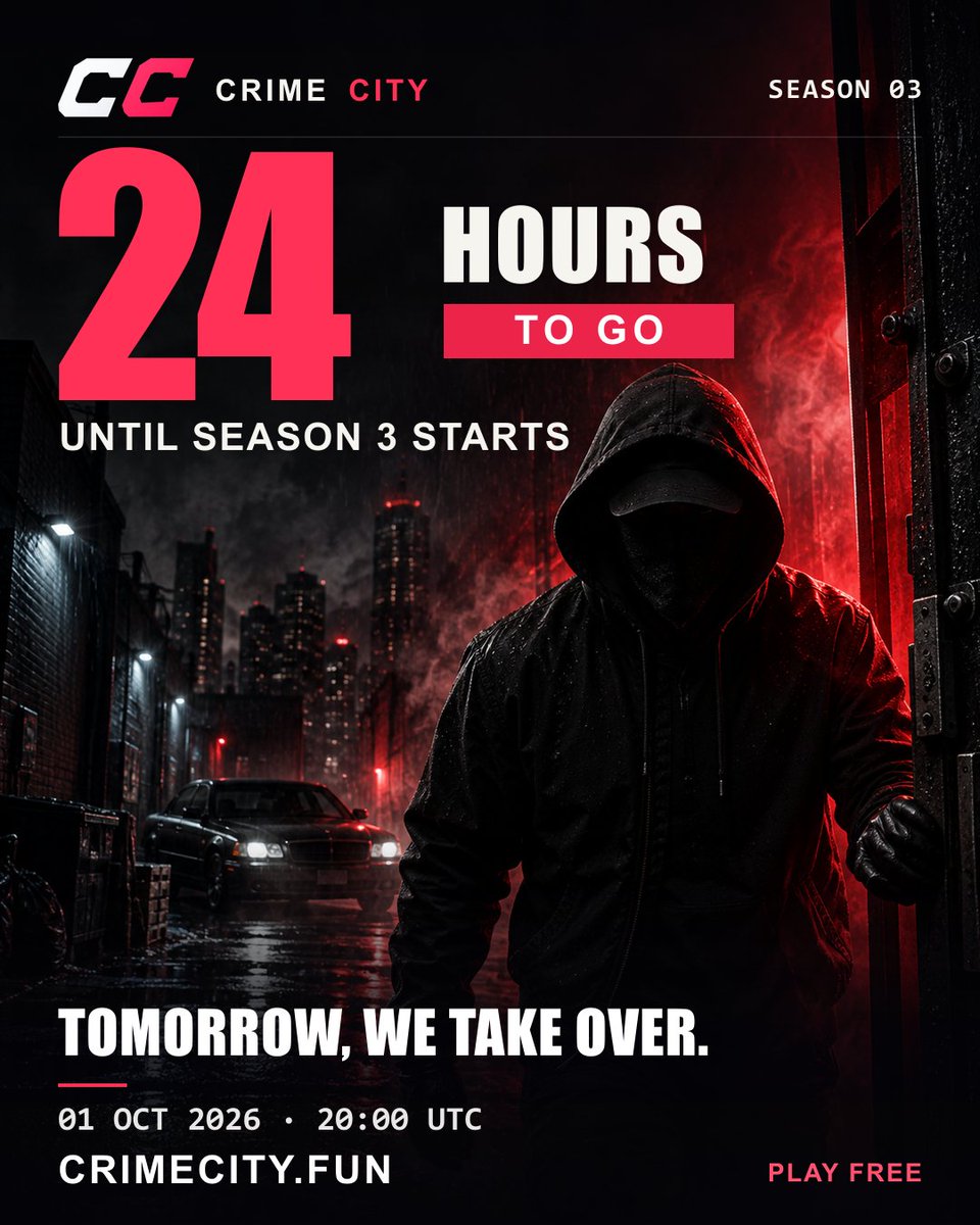 crimecity_fun's tweet photo. 24 hours left until Season 3 starts⏰

We've prepared the biggest update yet 👀

Tomorrow we take over Crime City. https://t.co/DqSTnERFzD