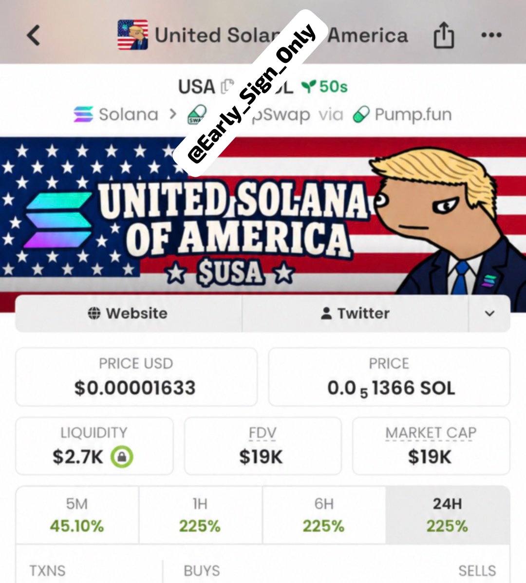 Early_Sign_Only's tweet photo. $USA 🚀 called earlier at $19K mcap in my tg — now $310K! 💯📈Another setup making a strong move since the early highlight. 🔥More setups and market updates are coming. Hit Follow me + join my TG group & Discord 
#Solana #CryptoTrading 

CA E2ujjsdFjh5yiM8jbVc1HeXEeuaQ7q4prNM6RGVppump