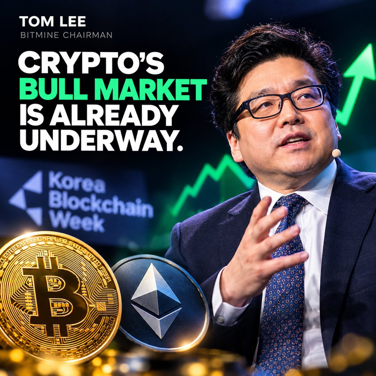 alts_holder's tweet photo. BitMine chairman Tom Lee stood on stage at Korea Blockchain Week on September 30 and said crypto’s biggest bull market yet is already underway.

Why Lee Thinks This Is Different
Lee pointed to several signals lining up at once. Bitcoin has climbed back above its 200-day moving average, a level traders watch closely for turning points. Big institutions are buying again, tokenization is picking up speed, and a huge wave of wealth is shifting from older generations into digital assets. He even pointed to AI systems starting to pay each other using crypto.

On Ethereum, Lee made an interesting point. ETH has barely moved for almost five years. He doesn’t see that as a bad sign; he sees it as pressure building up for a big move once it finally breaks free.

BitMine Is Putting Its Money Where Its Mouth Is
BitMine now holds close to 6 million ETH, nearly 5% of everything in existence, and it isn’t just sitting on the coins. Around 85% to 87% of that ETH is staked, meaning it’s locked away earning rewards instead of sitting on exchanges ready to be sold. That staking alone brings in more than $300 million a year for the company, so there’s little reason for BitMine to sell even if prices drop.

What Could Prove This Wrong
This isn’t a sure thing. A few things could break the bullish story:

Bitcoin dropping to a new low on the weekly chart.
A sudden 10% to 20% crash in US stocks, whether from world events or an AI bubble bursting
The Federal Reserve surprising markets with sudden rate hikes
Any of these could choke off the money flow this rally depends on.

Tom Lee’s bullish outlook rests on a combination of technical signals, institutional demand, and broader shifts in how capital is moving into digital assets. While these factors suggest a stronger foundation than in past cycles, the trend still depends on sustained momentum and supportive macro conditions.
#alts_holder