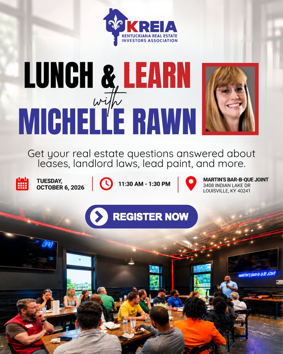 REIAKY's tweet photo. ๐ก Learn more about the legal side of real estate with Michelle Rawn.
๐
October 6
โฐ 11:30 AM to 1:30 PM
๐ Martinโs Bar B Que Joint
๐ Register today!
#KREIA #KREIAEvents #RealEstateInvestors #LunchAndLearn https://t.co/IBng7GSyNC