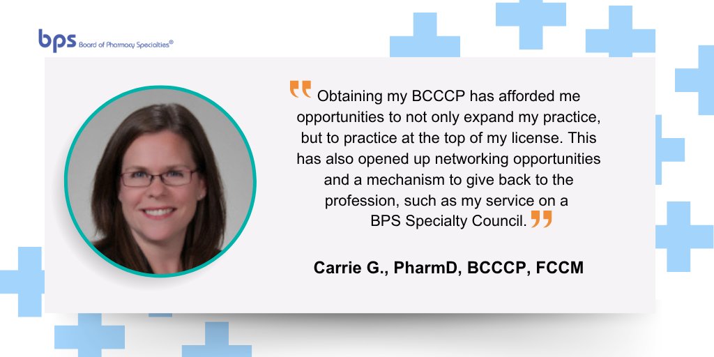 BPSweb's tweet photo. Many pharmacists pursue #BPS Board Certification to demonstrate their knowledge and support lifelong learning. For Carrie G., BCCCP, it also supports networking and opens professional volunteer opportunities.

Learn more about board certification: https://t.co/Yre7XWRYqV https://t.co/yhWgmn0gQk