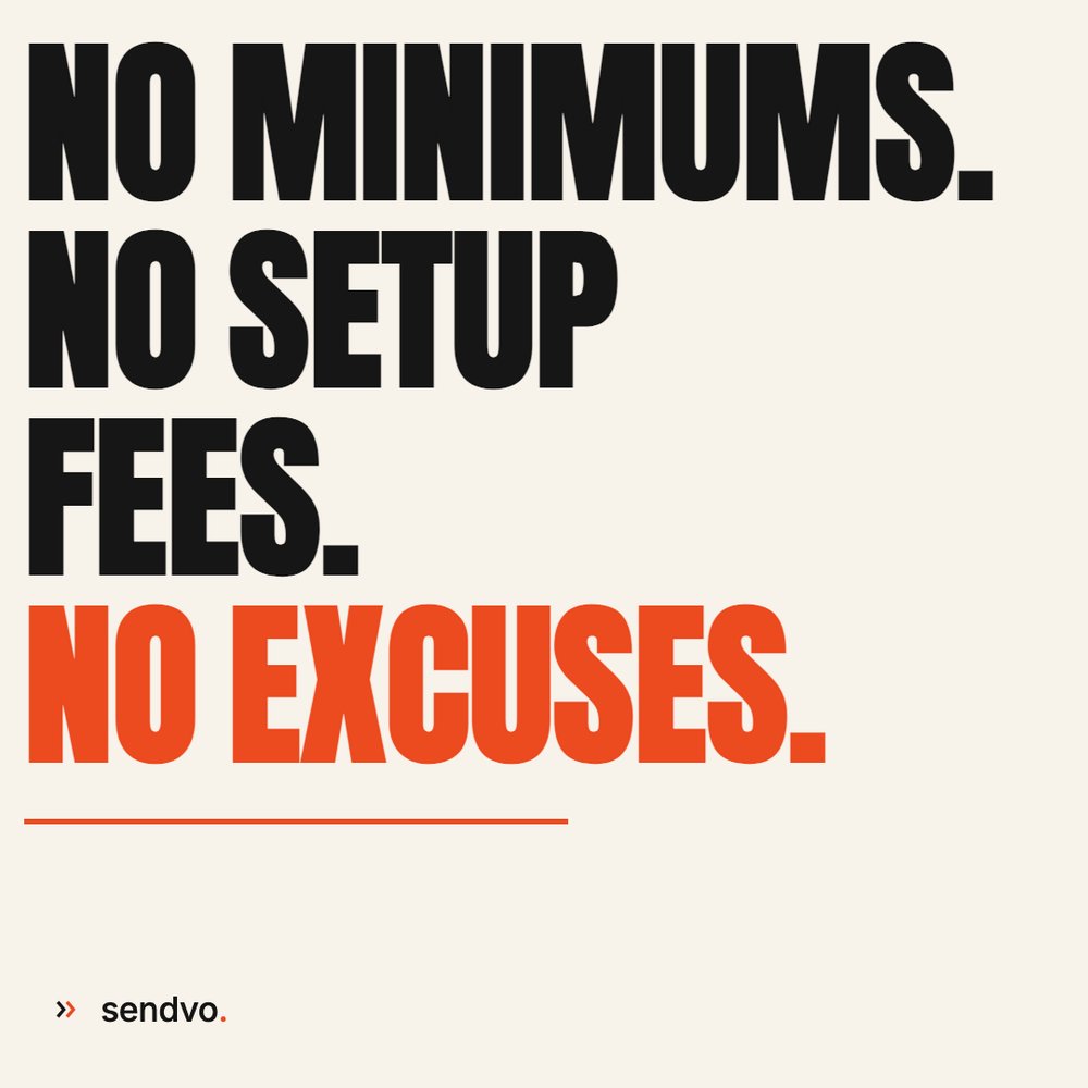 Sendvo's tweet photo. No minimums. No setup fees. No excuses.

Send one route or ten thousand homes. Free workspace, no sales call. https://t.co/4I5oim88Fb