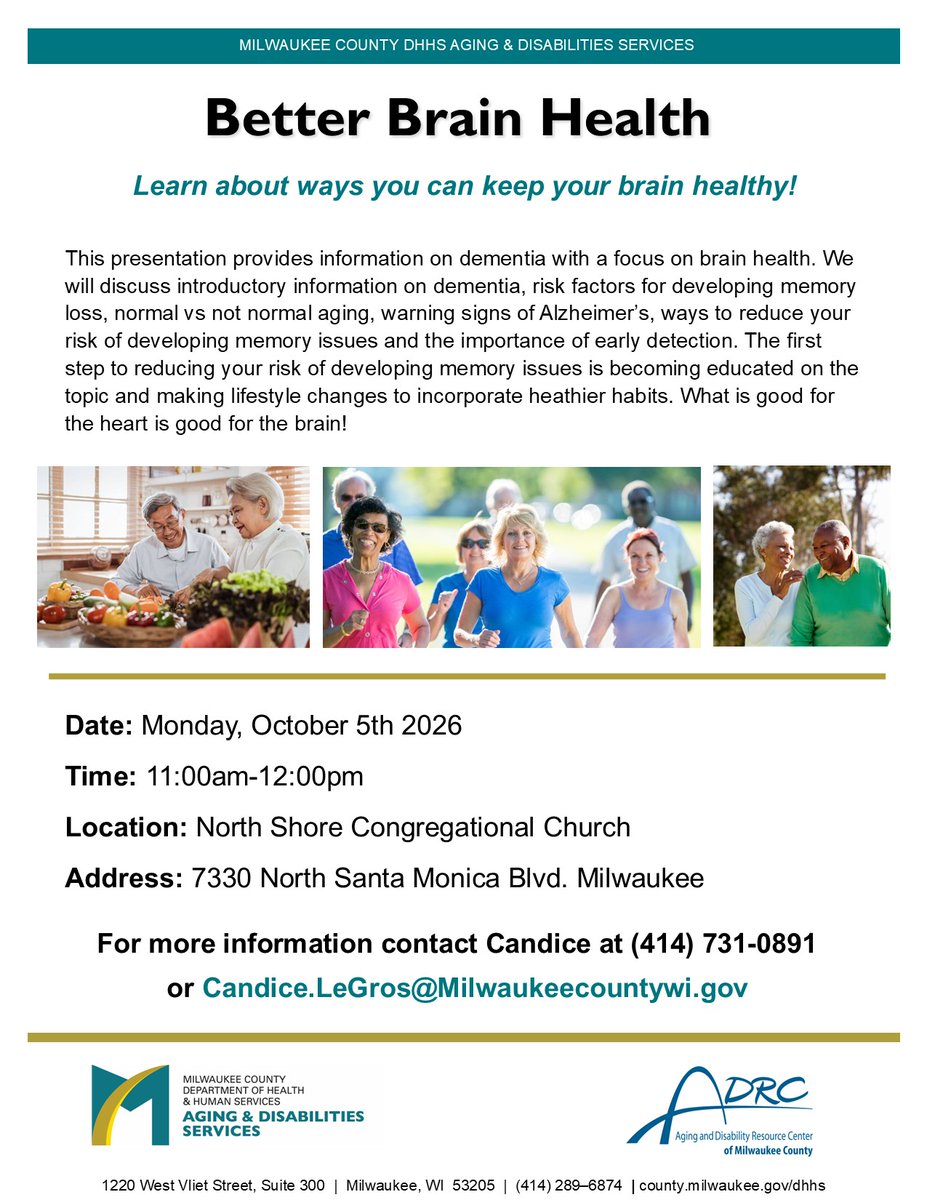 MkeCoDHHS's tweet photo. Learn about ways you can keep your brain healthy! 🧠💪🏽
Join us for information on dementia and practical tips to support brain health.

📅 Monday, October 5
⏰ 11:00 AM – 12:00 PM
📍 North Shore Congregational Church, 7330 N. Santa Monica Blvd., Milwaukee https://t.co/fdYtQLYeL1