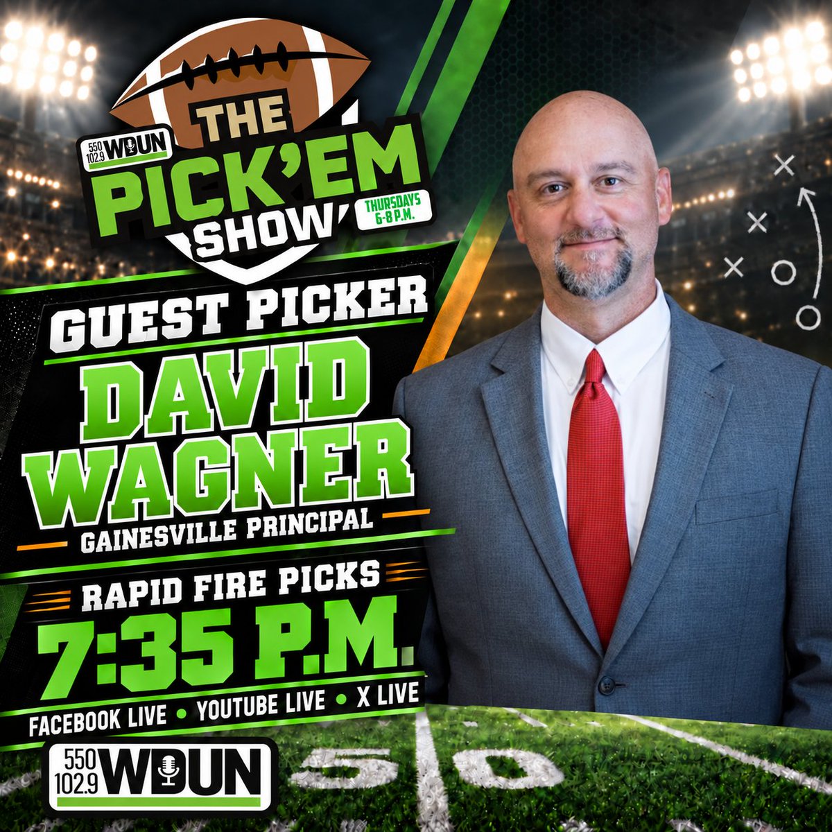 FridayGameNight's tweet photo. ๐จ GUEST PICKER ALERT! ๐จ
YouTube, we heard you!
Gainesville High School principal David Wagner joins the FGN Pick โEm Show for Rapid Fire Picks at 7:35 p.m. Thursday!
Listen live on WDUN and watch on Facebook Live, YouTube Live and X Live.
#FGNPickEm #FridayGameNight #Gainesville