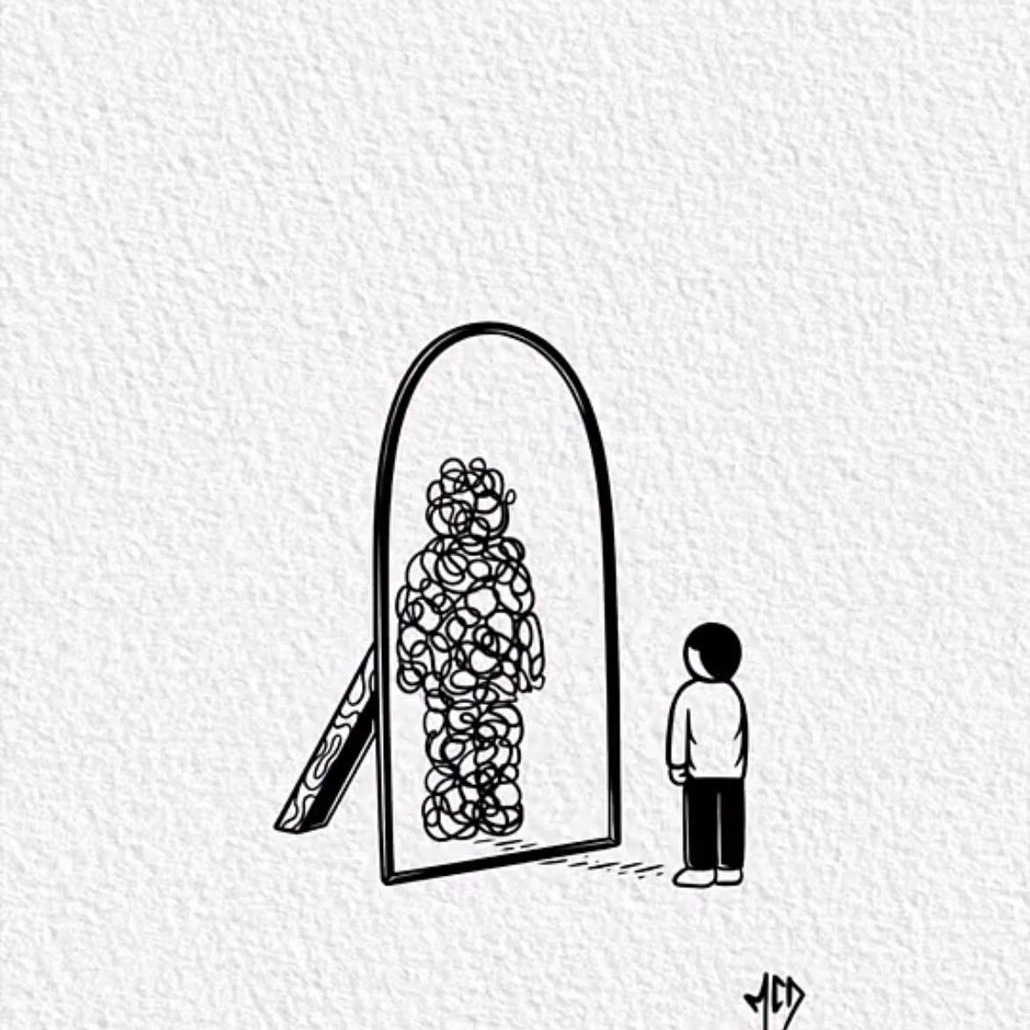 作者不详,来自Pinterest(1,381次收藏)。倒影里是你假装成为的那个人。