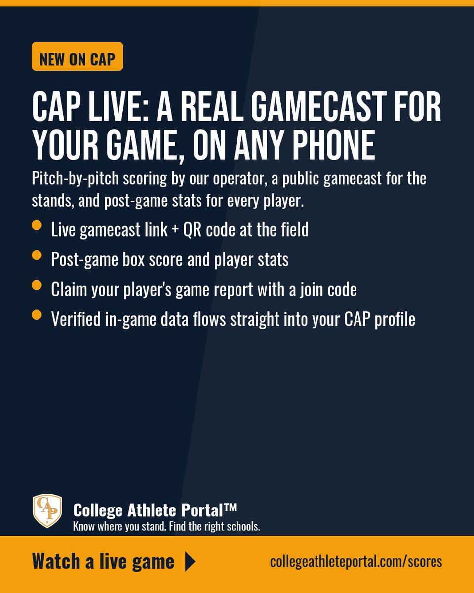 CAPAthlete's tweet photo. 📊 New on Cap: CAP Live: a real gamecast for your game, on any phone

✅ Live gamecast link + QR code at the field
✅ Post-game box score and player stats

Know where you stand. Start free 👇
🔗 https://t.co/qFeY3dOq06

#CAPLive #Gamecast https://t.co/en7Welxz1e