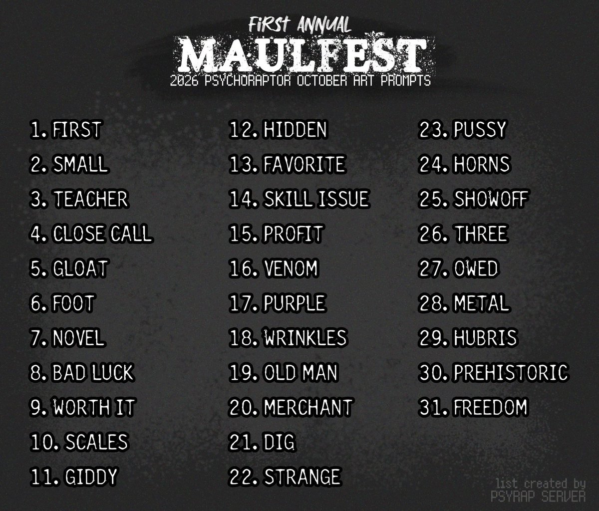 PsyrapMafia's tweet photo. A prompt list for october! This one was made with gorny psychoraptors in mind, but anyone 18+ can join with any sophont species! The point is for adult creatives to have fun with some daily doodles :]

#octoberprompts #maulfest #psychoraptors #nsfw https://t.co/JHgQVcxrmF