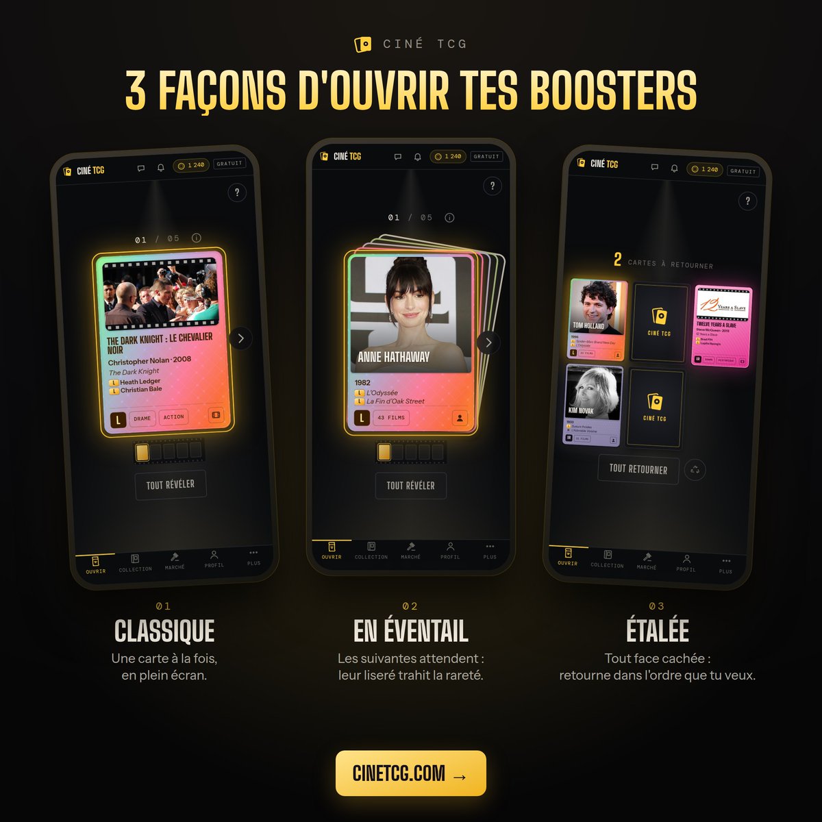 CineTCG's tweet photo. Fan de Cinéma et de TCG ? 
- Ouvre des boosters de cartes de cinéma 🎬 Films et stars, de Commune à Légendaire. 
- Ouverture classique, en éventail ou étalée : à toi de choisir. 
Gratuit, juste ici 👇
https://t.co/twGwMstEyT https://t.co/M6NrqCpMQX