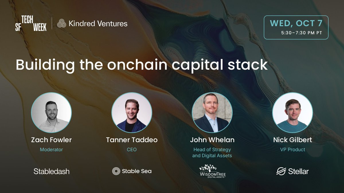 stableseaHQ's tweet photo. One week until our @SFTechWeek event, "Building the Onchain Capital Stack." We're excited to add Nick Gilbert of @StellarOrg to our panel along side @WisdomTreeOnchn.

Network, assets, infrastructure, payments: the full stack in one room. Join us!

Wed, Oct 7 · 5:30pm PT
RSVP: https://t.co/VxZCzkKUO2