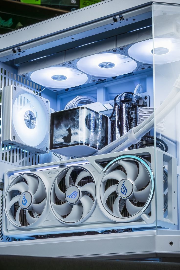 CorefluxLLC's tweet photo. Rate this all-white HYTE Y70 build from 1-10! ❄️ The vertical GPU mount and LCD cooler tie the whole aesthetic together so perfectly.#PCGaming #GamersOfInstagram #SetupInspiration #WhiteSetup #CustomPCBuild #TechTok #GamingCommunity #ComputerHardware https://t.co/nNW87MyBUN