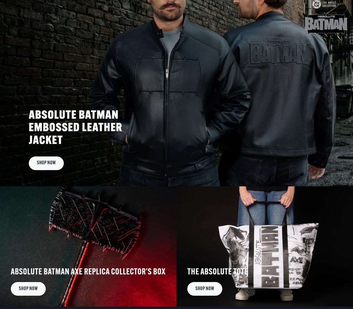 Ssnyder1835's tweet photo. The Artist Collection — Absolute Batman is now available exclusively on DC Shop!

Get yourself an Absolute Batman Leather Jacket, the Battle Axe Replica Collector’s Box, an Absolute tote bag, and a ton of new Absolute Super-Villain merch at the link below:
https://t.co/YLZihzJuoV https://t.co/VcSsrkpHU9