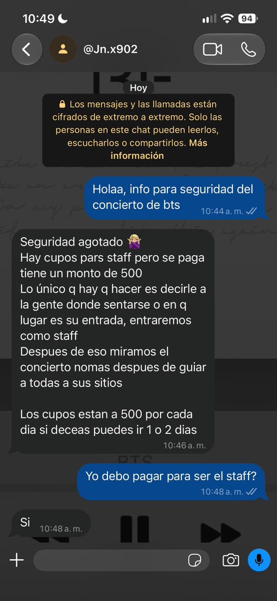 equalitysev7n's tweet photo. *REPORTE DE ESTAFA ‼️

Vengo a reportar a unas personas porque están difundiendo que, para poder trabajar como staff o seguridad de BTS, tienes que pagar S/500. Esto es totalmente falso.

Hay chicas que han caído en esto, han realizado el pago y luego las agregan a un grupo manejado por una señorita llamada Lucero, supuestamente para coordinar el trabajo. Pero, chicas, tengan mucho cuidado porque esto sería una estafa.

Por favor, no caigan en esto ni paguen S/500 por una supuesta oportunidad de trabajo. Nadie te cobra esa cantidad para poder trabajar como staff o seguridad.

Aunque tengan muchas ganas o necesidad de trabajar, por favor, verifiquen primero toda la información y no entreguen su dinero. No se dejen engañar. 🚨