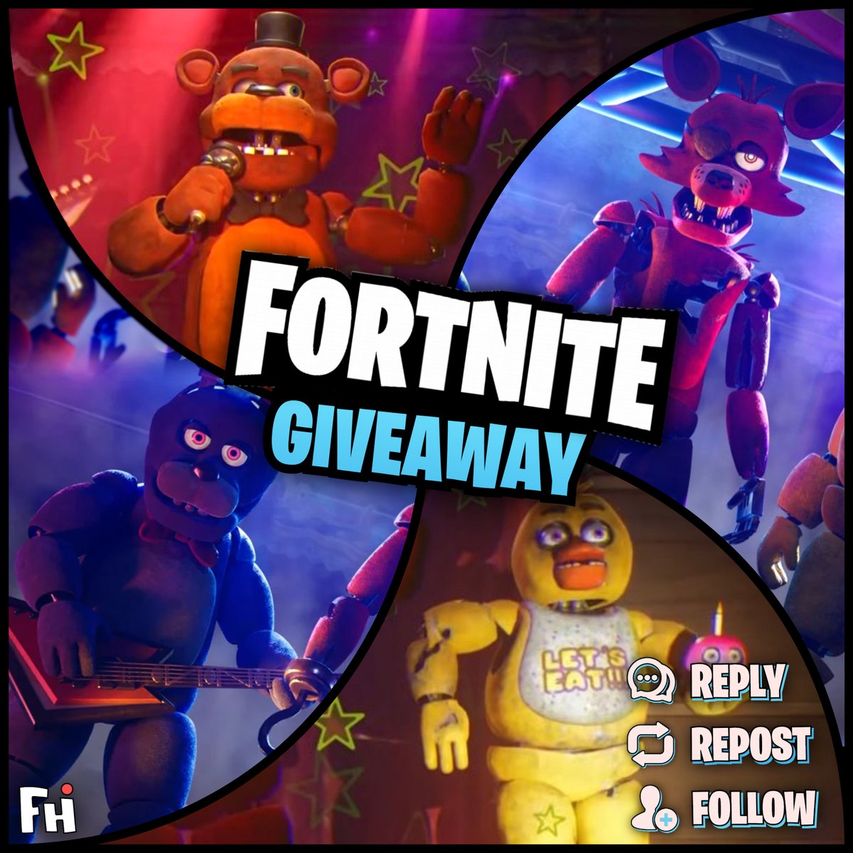 Fantime_Horror's tweet photo. 🎁 FULL FNaF x FORTNITE Bundle GIVEAWAY 

1️⃣ Follow @Fantime_Horror
2️⃣ Repost this tweet
3️⃣ Comment your favorite FNaF skin! 👇

The winner will be chosen in 48 hours. Good luck everyone! 🍀 https://t.co/94nBbvr4bg