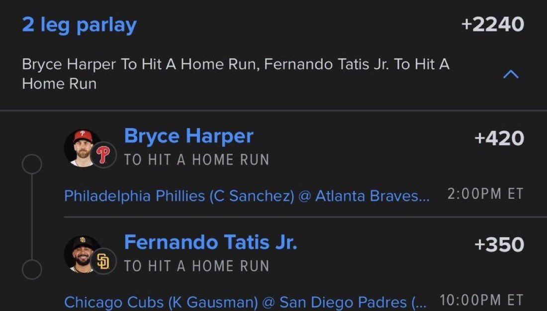 BetWithMaya_'s tweet photo. Riding with two of the best hitters in the game today! Harper + Tatis Jr. HR parlay locked in at +2240.  

Follow, Like &amp; RT to cash with us today! 🚀⚾️ #Gambling𝕏 #MLB #ParlayPlay https://t.co/3RZ1kY94Ug