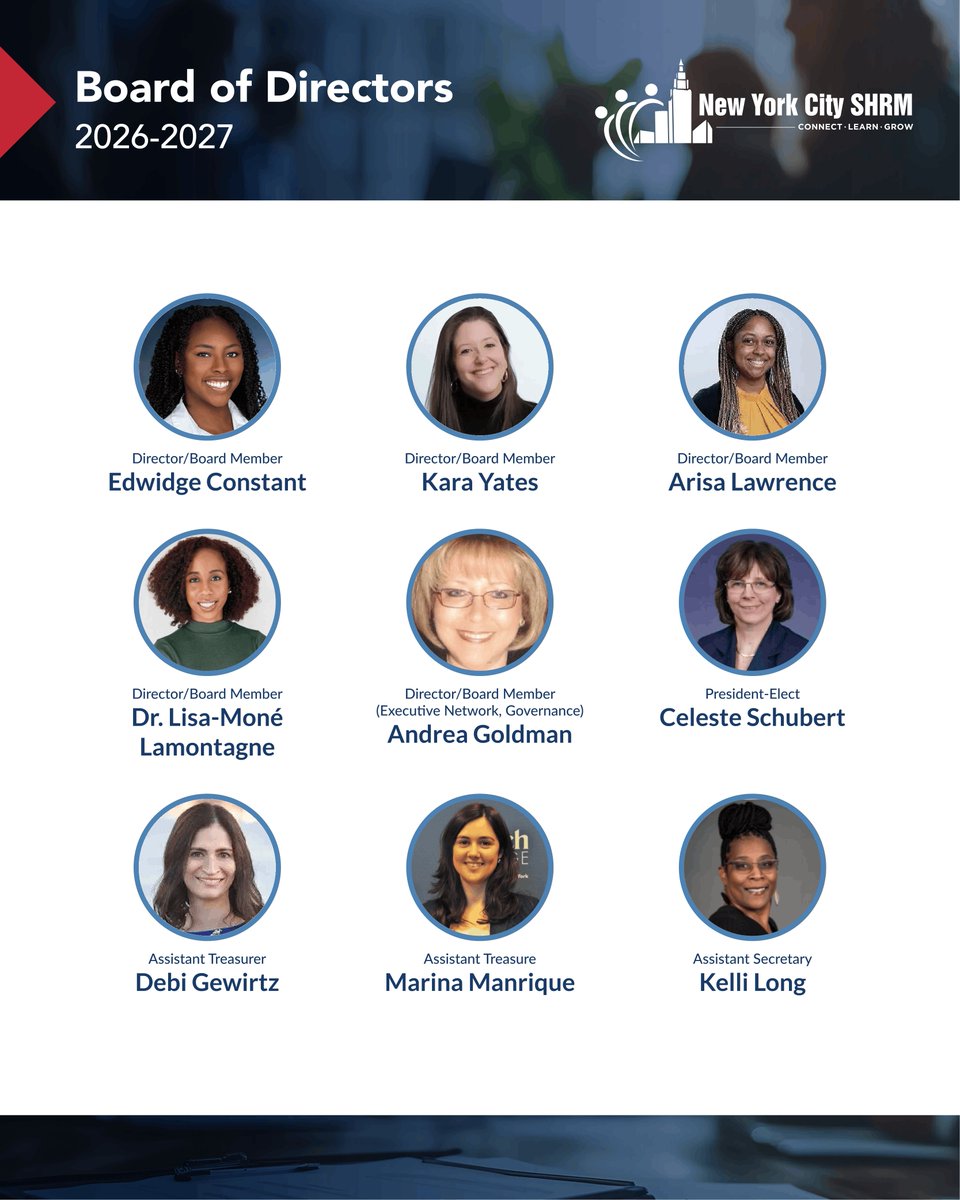 NYCSHRM's tweet photo. Thank you to our outgoing Board members for their leadership and service, and congratulations to the 2026–2027 NYC SHRM Board of Directors!

We’re excited to welcome this outstanding group of HR leaders who will help shape the future of our chapter and continue advancing the HR profession across New York City. We look forward to another year of learning, collaboration, and impact under their leadership.

Please join us in congratulating the new Board! 👏

Learn more about our Board of Directors and meet the team: https://t.co/SwHCXpqU0w

#NYCSHRM #SHRM #HRLeadership #Leadership #HumanResources