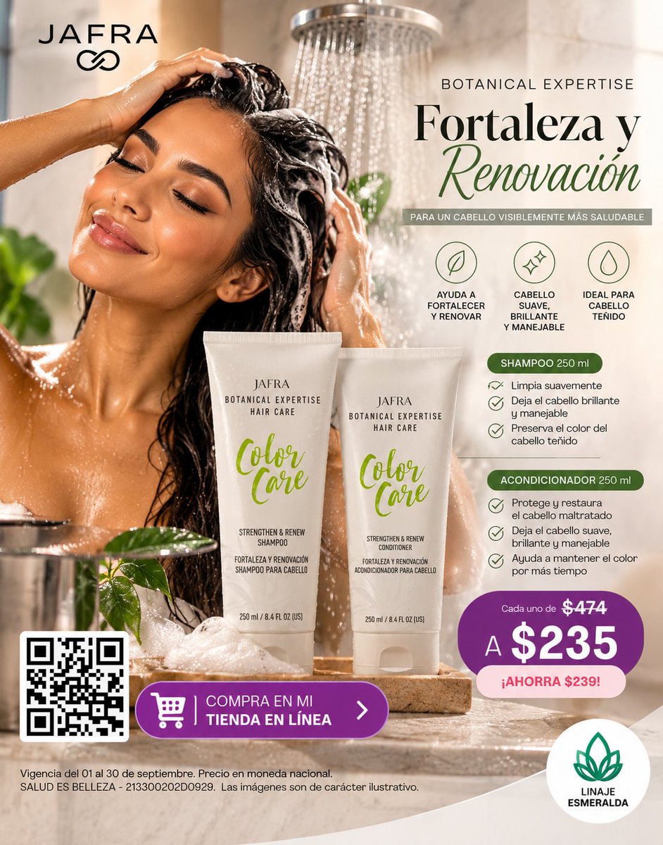 JafraEsmeralda's tweet photo. Cuida tu color y renueva tu cabello.
Botanical Expertise Color Care: Shampoo + Acondicionador 250 ml, cada uno de $474 a $235.
Disponibles hasta el 30 de septiembre o agotar existencias.
https://t.co/RuHwhIi4U7
#JAFRA #ColorCare #CuidadoCapilar #CabelloTeñido #PromocionesJAFRA https://t.co/omtqyW3v79
