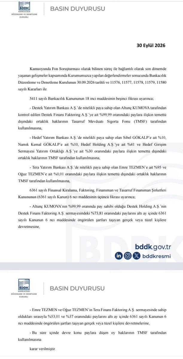 DYSelin's tweet photo. #BDDK Basın Duyurusu 

Tera Yatırım Bankası 
Hedef Yatırım Bankası 
Destek Yatırım Bankası https://t.co/4MEbfW3fxB