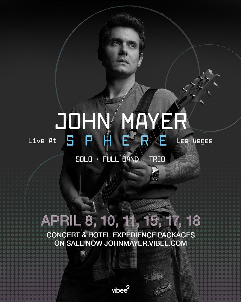 VibeePresents's tweet photo. Early ticket access is NOW OPEN 📷

See @JohnMayer  live at Sphere Las Vegas on April 8, 10, 11, 15, 17 &amp; 18, 2027, with a Vibee Concert &amp; Hotel Experience Package.

Experience John Mayer’s music in three forms—plus a two-night stay at @venetianvegas 

Link in bio! https://t.co/9bR29vsUCH