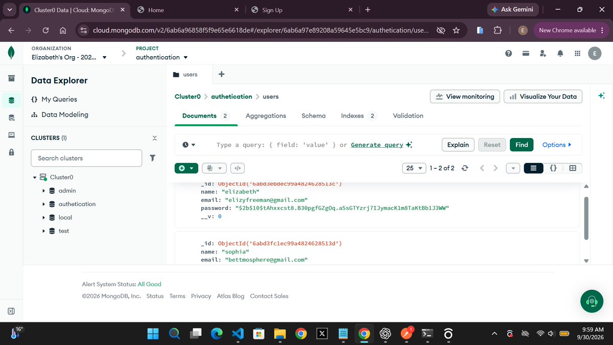 Miss_bettiee's tweet photo. Today I practiced building user authentication with Node.js, Express &amp; MongoDB. 
Added email validation, confirm password, password matching, password hashing &amp; connected all to a database to store users.

Just playing around breaking things, fixing and learning how it all works https://t.co/tfs9c0zD0X