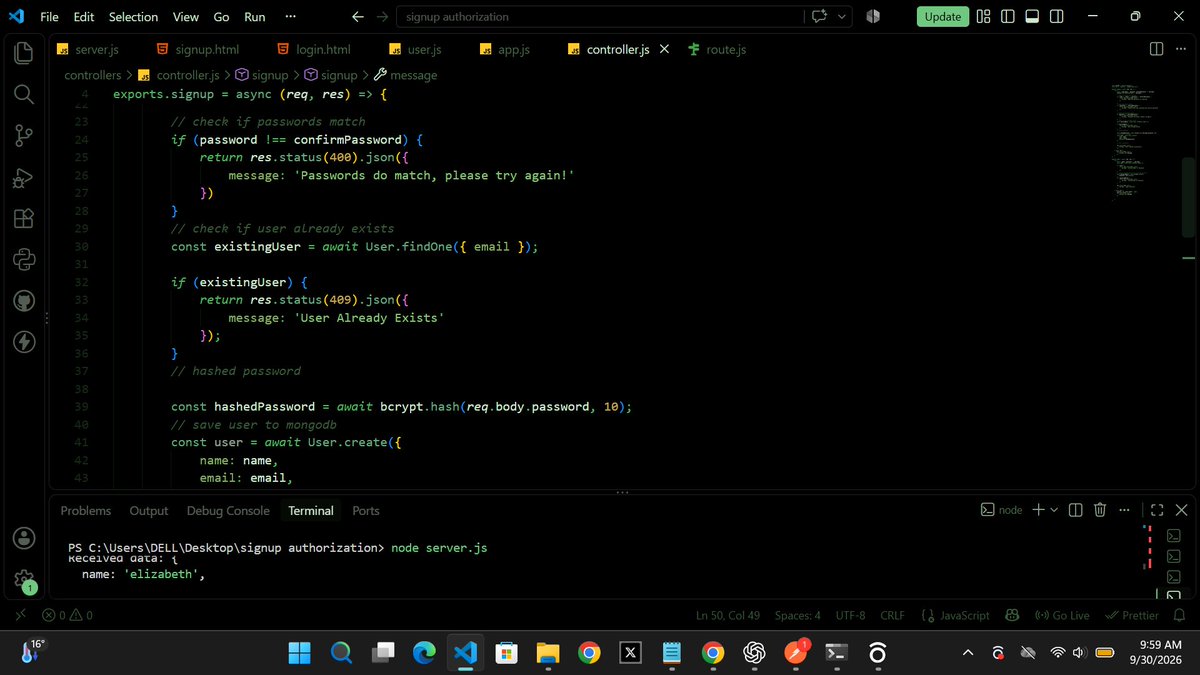 Miss_bettiee's tweet photo. Today I practiced building user authentication with Node.js, Express &amp; MongoDB. 
Added email validation, confirm password, password matching, password hashing &amp; connected all to a database to store users.

Just playing around breaking things, fixing and learning how it all works https://t.co/tfs9c0zD0X