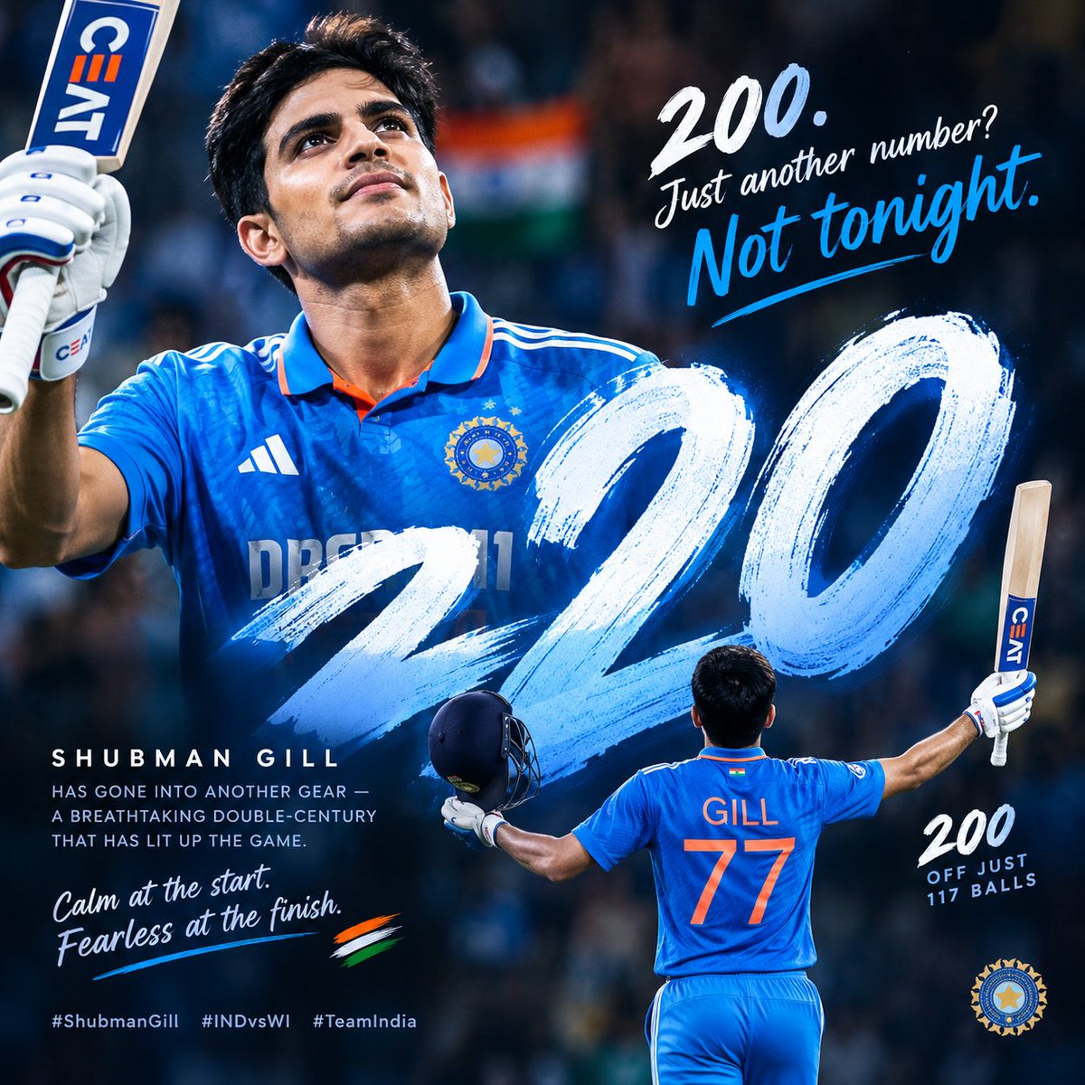urvashippd3l's tweet photo. 200. Just another number? Not tonight. 🔥
Shubman Gill has turned the crease into a stage and delivered a double-century for the ages.
Calm at the start. Fearless at the finish. 🇮🇳🏏
#ShubmanGill #INDvsWI #TeamIndia #DoubleCentury #odi #Prince #Century https://t.co/n8xhNVNtpH