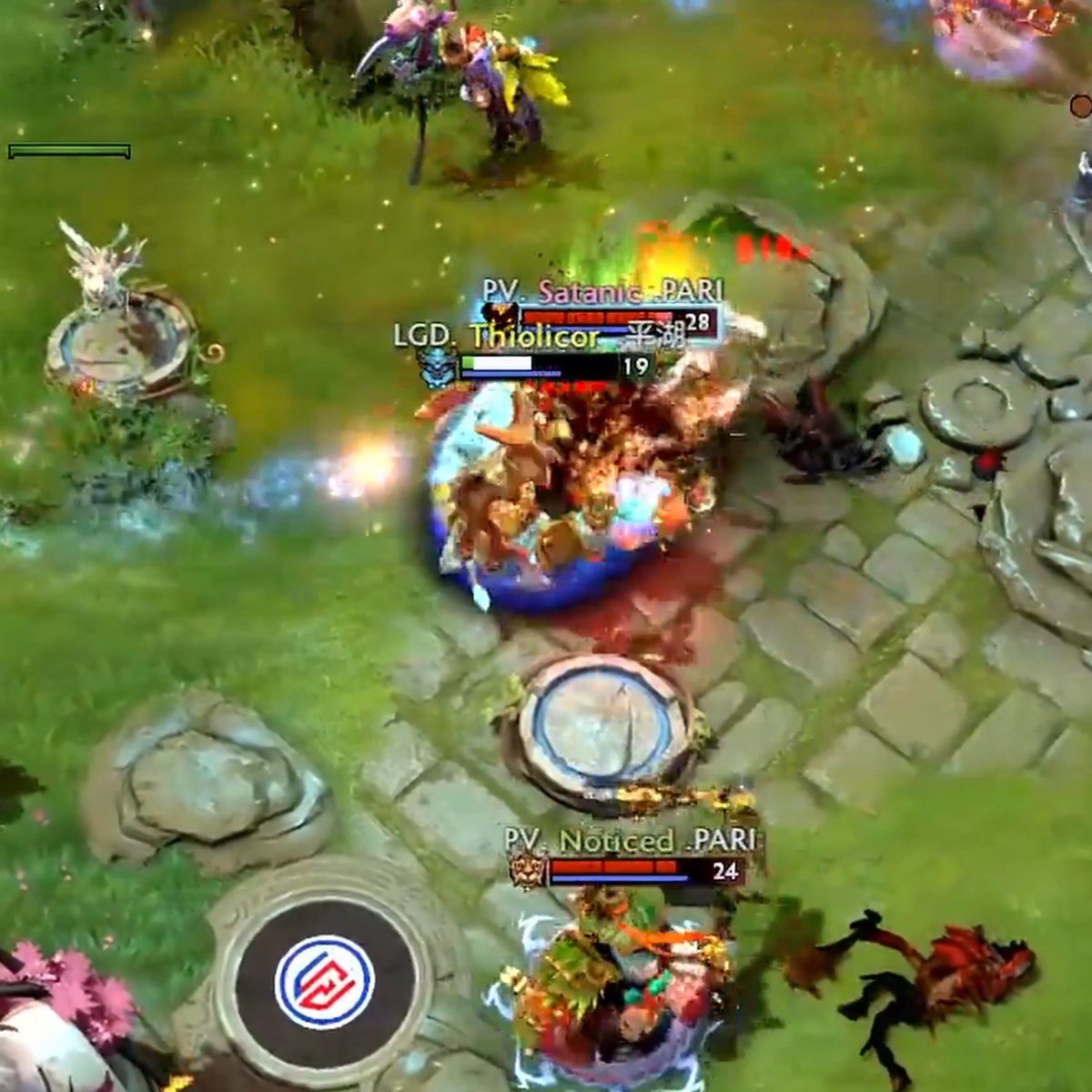 A screenshot of a Dota 2 video game match featuring players from teams LGD and PV with usernames "Satanic", "Thiolicor", and "Noticed", showing a chaotic team fight with level indicators 28, 19, and 24.