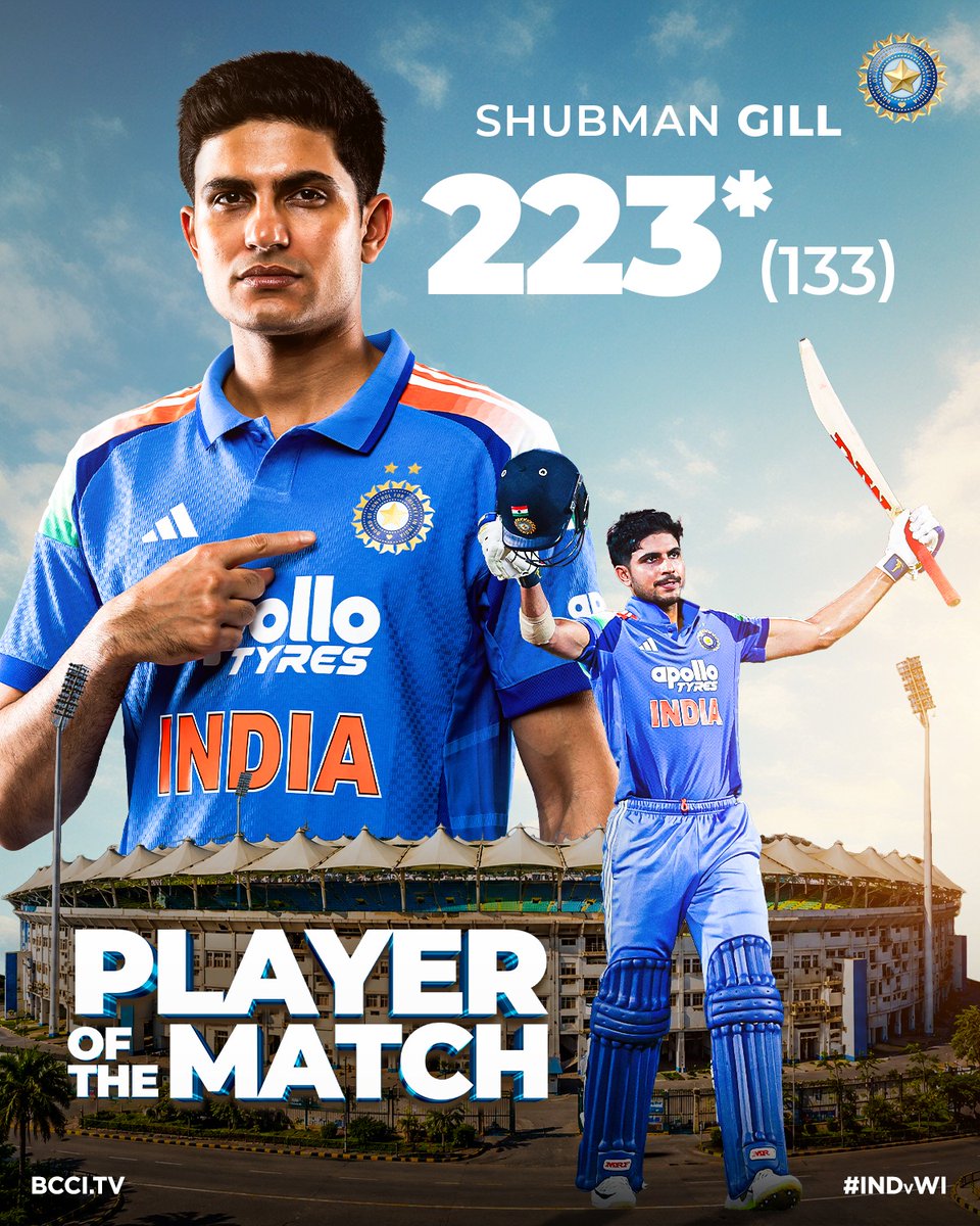 BCCI's tweet photo. The man of the moment 🙌🫡

#TeamIndia Captain Shubman Gill is the Player of the Match for his record shattering knock 🌟

RELIVE his knock ▶️ https://t.co/erDe5T7xvQ

#INDvWI | @mflone_ | @ShubmanGill https://t.co/0vQmEH5ak3