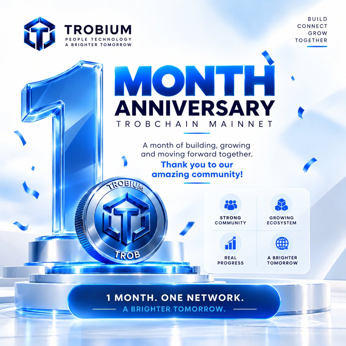 Trobium's tweet photo. One month. One network. One important milestone.

Today i.e 30th September 2026 , TrobChain completes its first month since MainNet went live — marking the end of our first chapter and the beginning of a much bigger journey.

The first month is never just about time. It’s about building the foundation, bringing people together, learning, improving, and continuing to move forward.

🌐 A Growing Ecosystem
🤝 A Stronger Community
📈 Real Progress
💡 A Brighter Tomorrow

From the first block to the community building around the network, every step has contributed to this journey.

1 month down. The journey continues.
The MainNet is live. The foundation is built.
Now, we build what comes next. ⚡

A heartfelt thank you to everyone who has supported, contributed to, and believed in the TrobChain journey during this first month.

Together , WE BUILD. CONNECT. GROW.