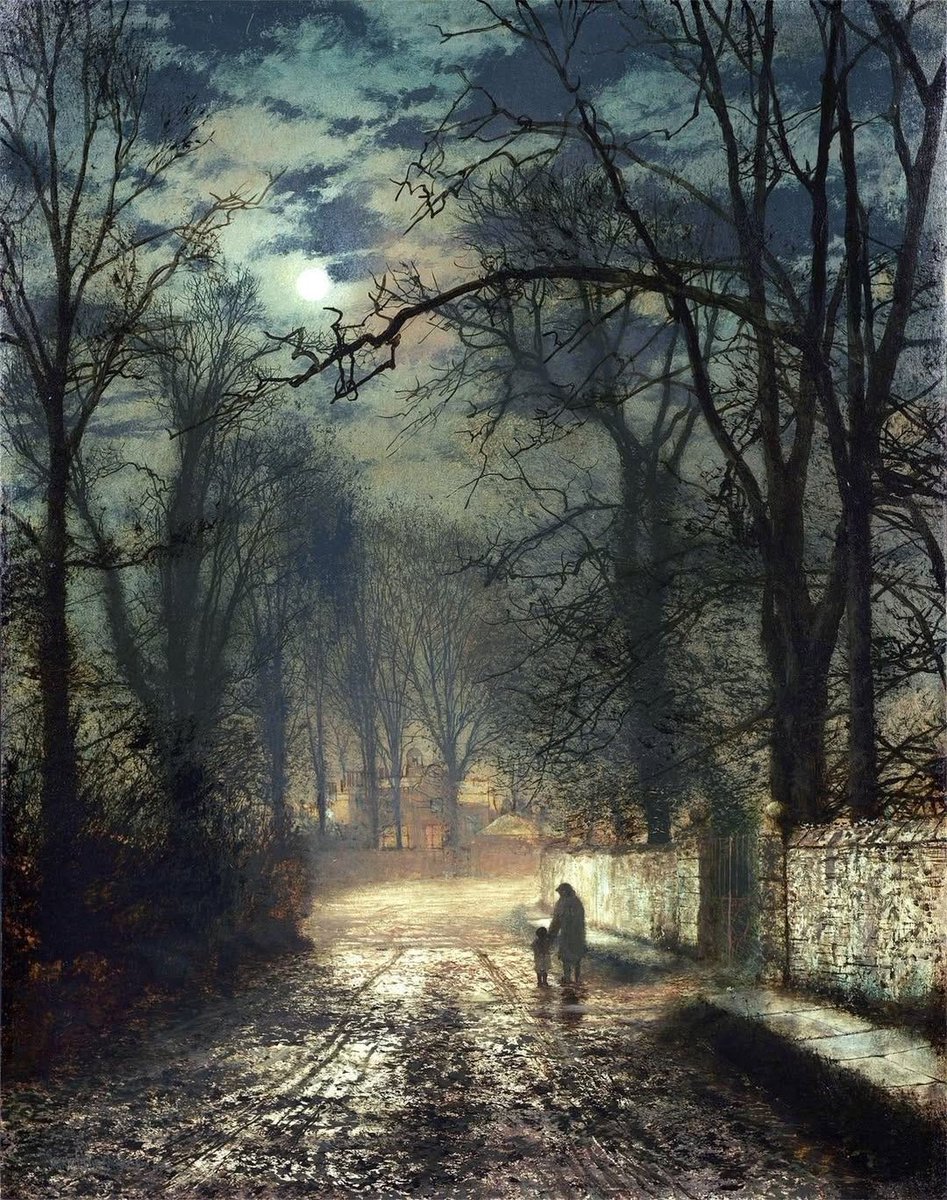 JamesLucasIT's tweet photo. That moonlight isn't real.

Every drop of it is oil paint...

It's called A Moonlit Lane, and it was painted by John Atkinson Grimshaw in 1874. A full moon hangs behind bare, tangled branches, the road below still wet from the rain, and every puddle and wall and dark hedge holds a little of that cold silver light. You can almost feel the chill in the air and hear the silence of the street...

The man who painted it was born in a cramped terraced house in Leeds, worked as a clerk for the railway, and taught himself almost everything he knew. At twenty-four, to his parents' horror, he quit his job to paint.

He even borrowed from photography, projecting scenes onto his canvas with lenses, and some of his contemporaries sneered that the results showed no marks of handling or brushwork, as if that were a flaw rather than an artistic miracle...

But the painter who mattered most saw it differently: James McNeill Whistler, the man famous for his own night paintings, came to visit him and admitted: "I considered myself the inventor of nocturnes until I saw Grimmy's moonlit pictures."