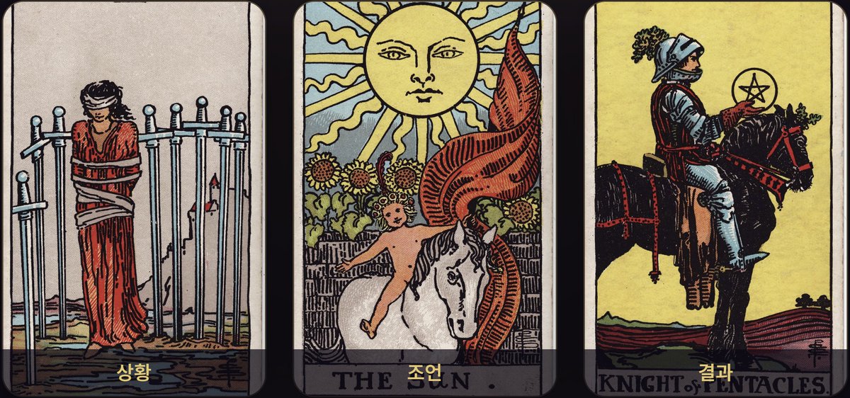 tarotmoonlit's tweet photo. C를 선택한 당신의 카드는
9 of Swords, The Sun, Knight of Pentacles입니다.

전체 흐름
지금은 방향을 바꾸는 일이 늦어서라기보다, 이미 늦었다는 생각이 선택지를 좁히고 있는 흐름에 가깝습니다. 오늘은 큰 결론을 서두르기보다, 분명한 기준을 세우고 가능한 한 걸음부터 옮기는 것이 잘 맞습니다.

상황
- 8 of Swords
소드 8은 실제로 길이 완전히 막혔다기보다, 여러 걱정과 가정이 한꺼번에 시야를 가리고 있는 모습으로 읽힙니다. “지금 바꾸면 손해가 너무 크지 않을까”, “이미 시작한 일이니 계속해야 하지 않을까” 같은 생각이 마음을 붙잡고 있을 수 있어요. 그래서 오늘의 핵심은 방향 전환 자체의 가능성보다, 내가 사실로 확인한 제약과 스스로 예상한 제약을 구분하는 데 있습니다.

조언
- The Sun
태양은 무조건 낙관하라는 뜻보다, 상황을 어둡게 추측하지 말고 눈앞의 사실을 밝은 곳에 꺼내 보라는 조언입니다. 오늘 당장 모든 것을 바꾸려 하기보다, 원하는 방향과 현재 할 수 있는 범위를 솔직하게 적어 보거나 누군가에게 명확히 확인해 보세요. 이미 해 온 일을 실패로 규정하기보다, 그 경험 중 새 방향에 가져갈 수 있는 자원을 찾아보는 태도도 좋습니다. 확신이 완벽해질 때까지 기다리기보다는, 작은 판단 하나라도 분명하게 내리는 것이 중요합니다.

결과
- Knight of Pentacles
펜타클 나이트는 오늘 하루가 갑작스러운 전환으로 크게 뒤집히기보다는, 신중하지만 실제적인 진척으로 흘러가기 쉬움을 보여줍니다. 방향을 바꾸기로 마음먹더라도 바로 모든 것을 정리하기보다, 필요한 정보를 모으고 일정이나 우선순위를 조정하는 식의 첫 단계가 어울립니다. 따라서 카드 흐름상 “너무 늦었다”기보다는, 늦었다고 단정하기 전에 현실적인 경로를 하나씩 확인할 수 있는 날에 가깝습니다.