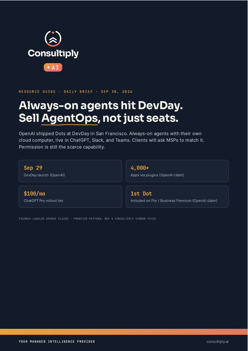 geekdude's tweet photo. Always-on agents just went mainstream. ⚡

Dots keep working after you close ChatGPT, Slack, or Teams.

Cute avatars aren't the story. Permissions are. 🔐
Who can it message?
What leaves the tenant?
Who owns the kill switch?
https://t.co/3C2jb8J0Bx
#MSP #AIAgents #Consultiply https://t.co/IbllIqdyvA