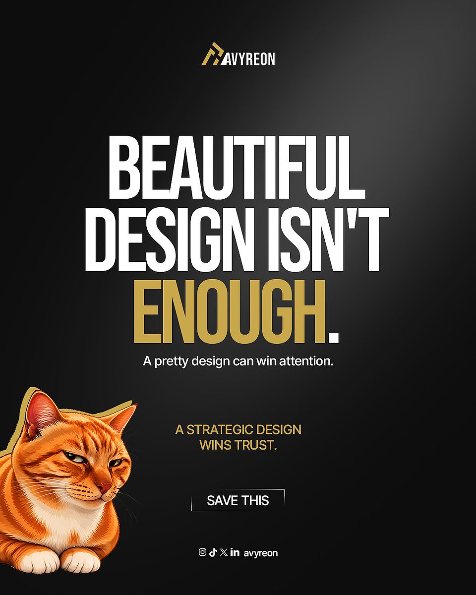 Avyreon's tweet photo. Your design can be beautiful and still be doing nothing for your brand.
Pretty gets a glance, Strategy gives the glance somewhere to go.
If people can't quickly understand your message, your design isn't communicating,it’s decorating.

Save this post. You’ll need it.
#avyreon https://t.co/XUwaEQtgQs