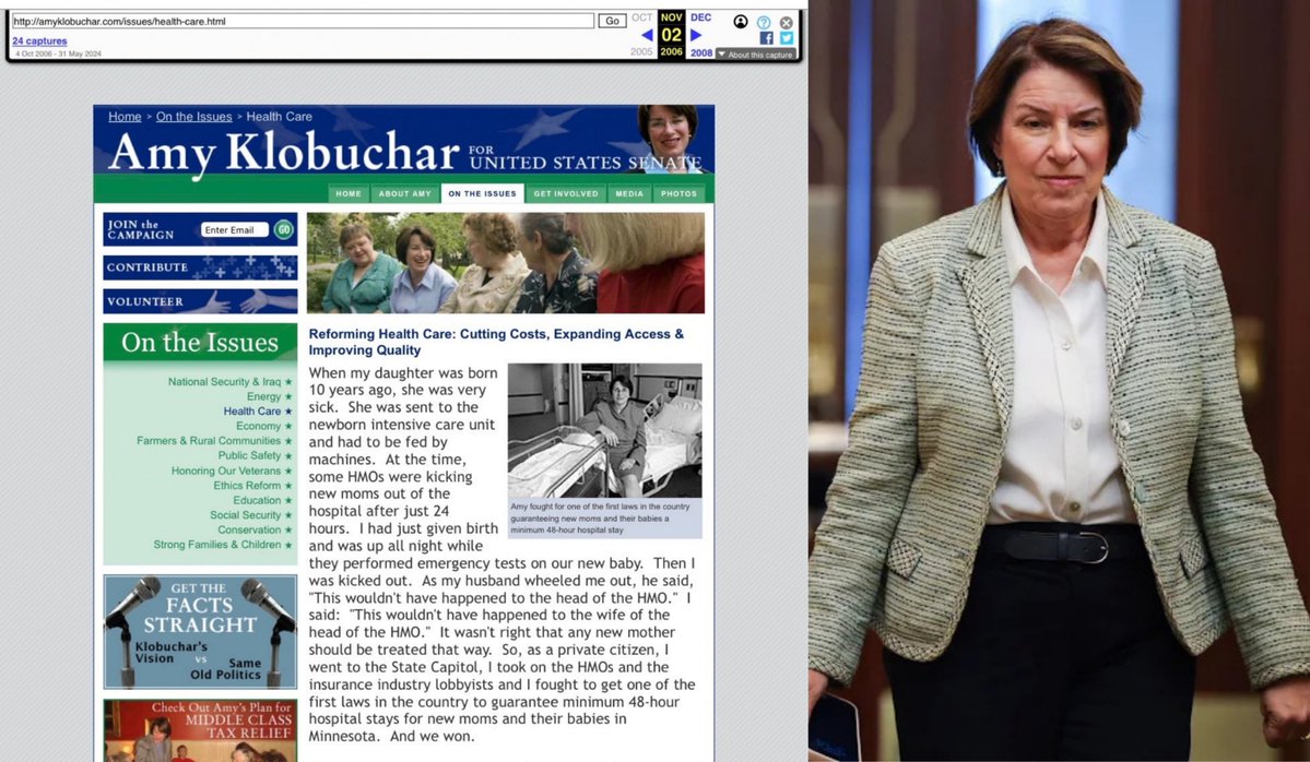 GrageDustin's tweet photo. Ouch.

An archived page from Amy Klobuchar’s 2006 campaign website shows she promised to cut healthcare costs.

Twenty years later, families’ out-of-pocket costs have more than doubled since she was elected. https://t.co/KD6aT3WcZH