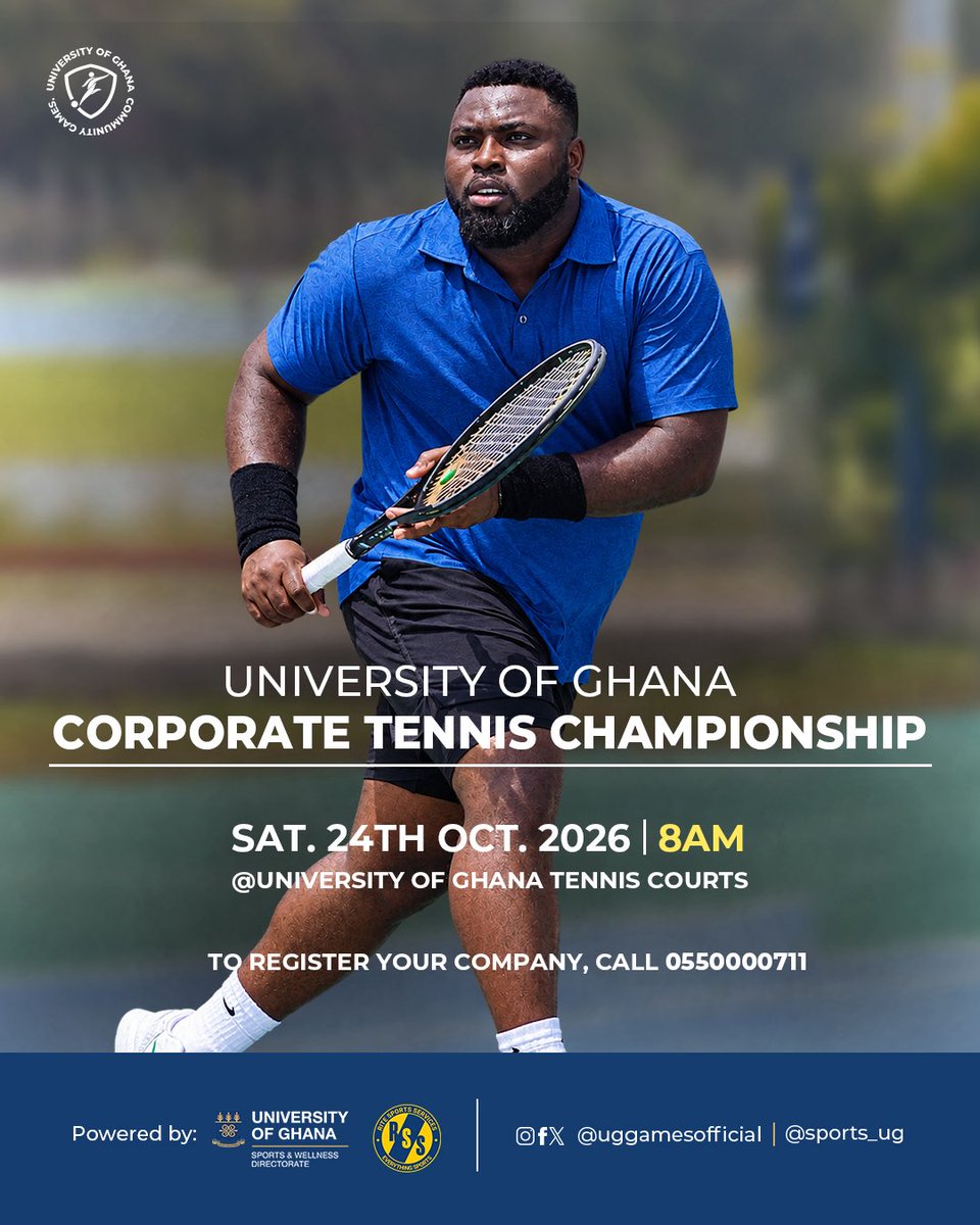 RealYawSakyi's tweet photo. Do you have a tennis 🎾 player in your office? Register him for the 2026 edition of University of Ghana Corporate Tennis Championship.

Play and network. Call 📱 0550000711 to register or for partnership conversation.

Cheers 🍻 

@uggamesofficial https://t.co/JKaiLzenhm
