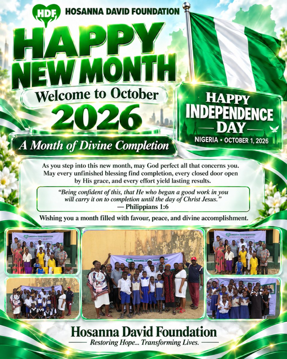 HosannaDavidNGO's tweet photo. A Month of Divine Completion
Wishing you a month filled with favour, peace, and divine accomplishment.
#RestoringHope #TransformingLives #HosannaDavidFoundation #HDF #MakingADifference #HopeForTheFuture #Philippians1v6 #GodWillPerfectIt #October2026 https://t.co/er7B3bLOEm